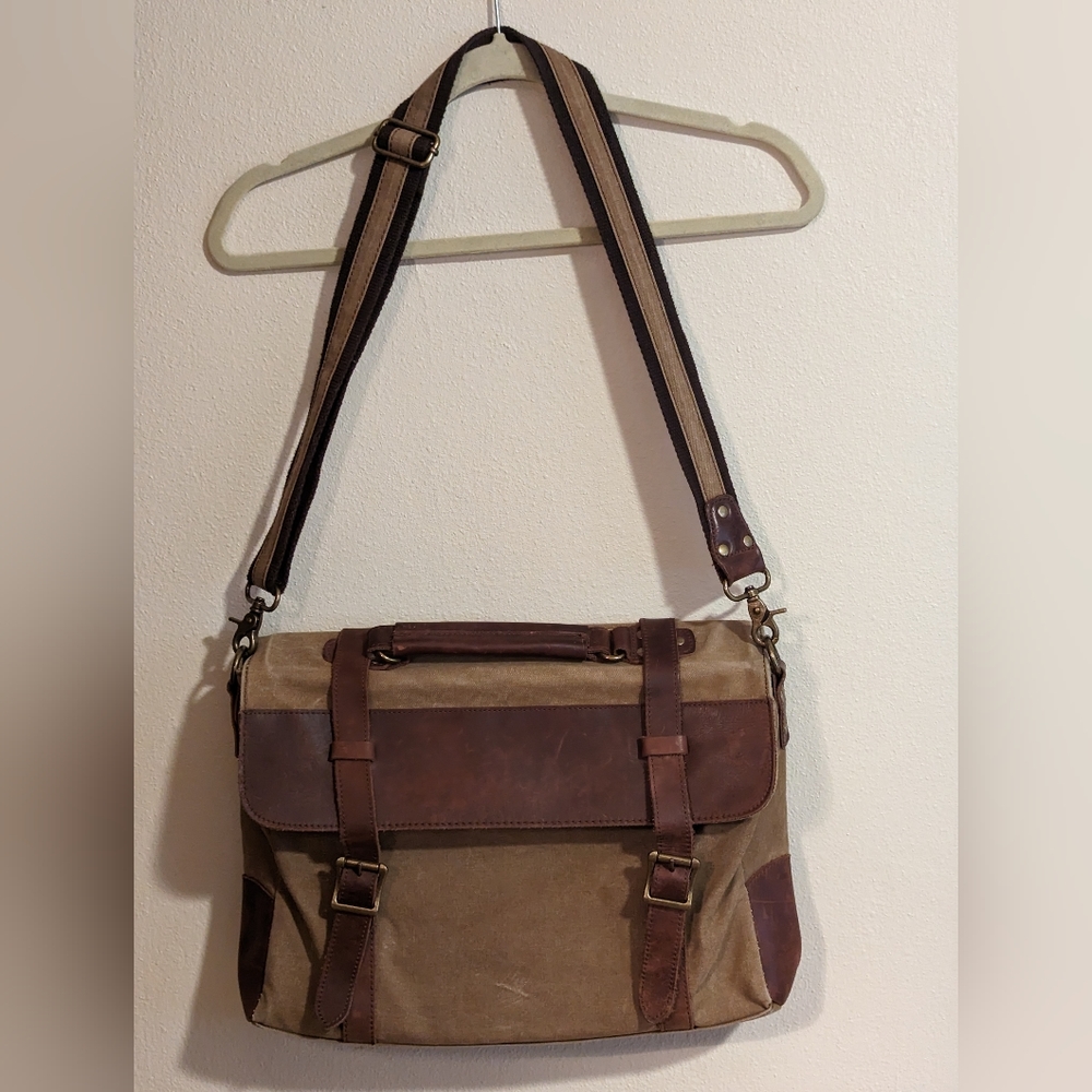 Khaki and Leather Messenger Bag